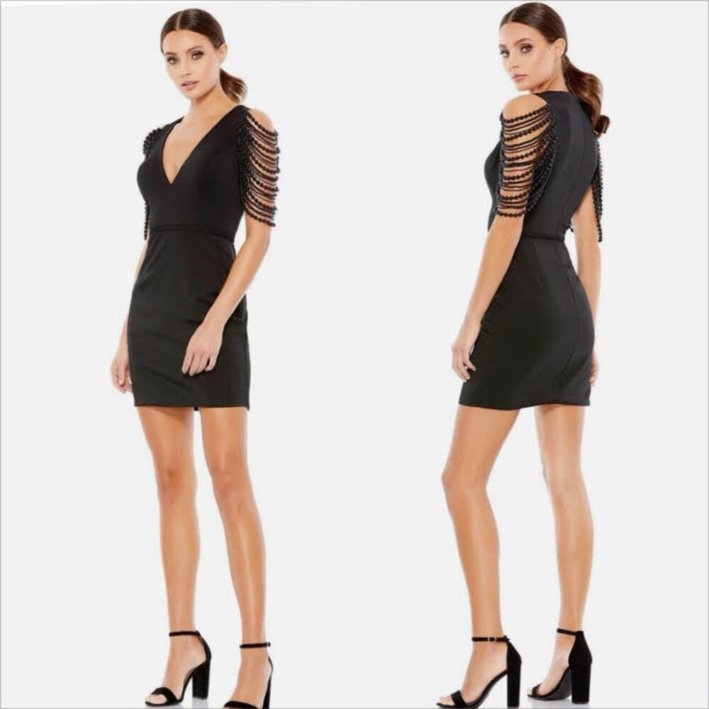 LEENA for MAC DUGGAL Mini Bodycon Dress Size 12 Womans Black Pearl Sleeve Padded